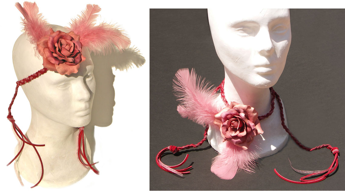 Pink Flower and Feather Headpiece by Space Mermaid